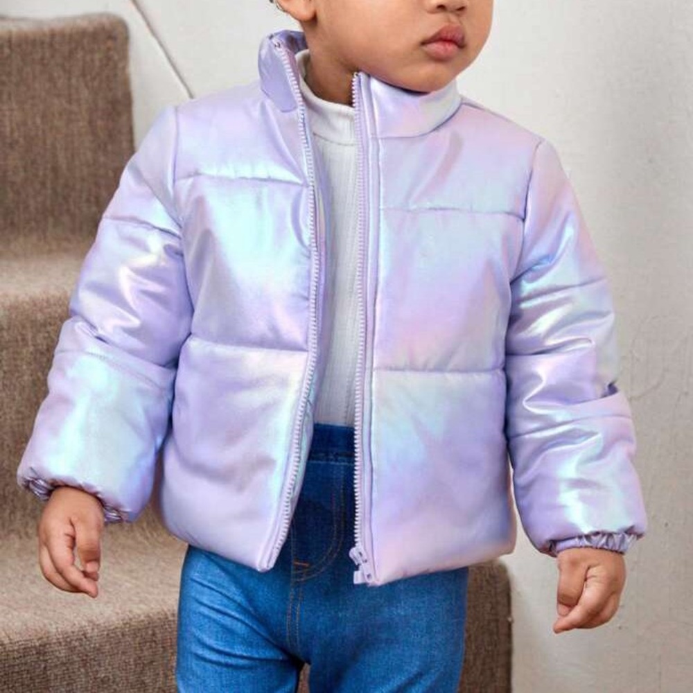 🎀 NWOT SHEIN Baby girl iridescent purple puffy jacket elastic sleeve Size 9-12M